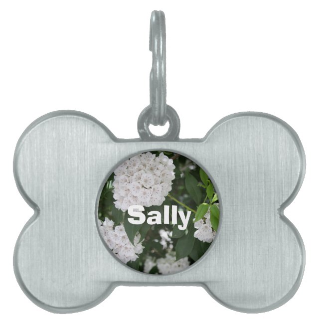 Placa Para Mascotas Flores de Laurel de Montaña Blanco Apodo (Frente)