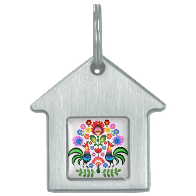 Placa Para Mascotas Flores de patrones folklóricos (Frente)