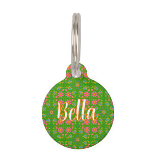 Placa Para Mascotas Flores retro Naranja azul rosado mariposas