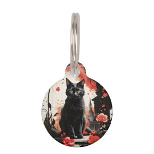 Placa Para Mascotas Flores rojas de arte de salpicadura de gato negro