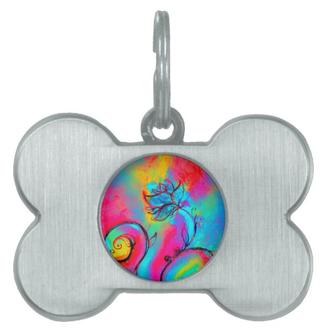 Placa Para Mascotas FLORES SIMILARES amarillo rosa azul verde azulado (Frente)