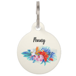 Placa Para Mascotas Flores tropicales exóticas - rosa y acuamarina