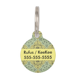 Placa Para Mascotas Floritura de Patrón Rococó Verde