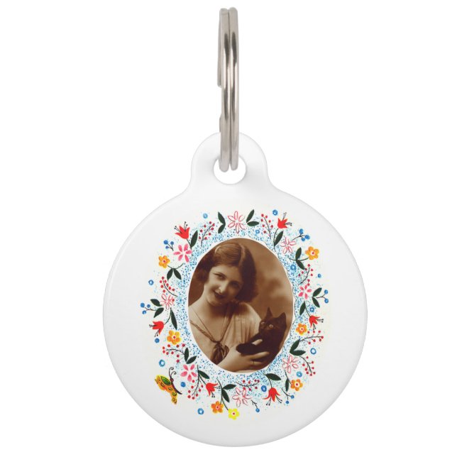 Placa Para Mascotas Foto de gato personalizable floral caprichosa vint (Anverso)