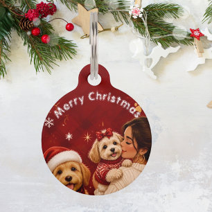 Placa Para Mascotas Foto de nombre de perro Navideño Cute Rojo Carmesí