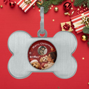Placa Para Mascotas Foto de nombre de perro Navideño Cute Rojo Carmesí