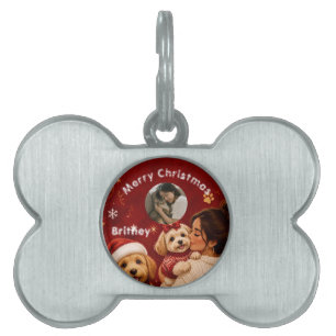 Placa Para Mascotas Foto de nombre de perro Navideño Cute Rojo Carmesí