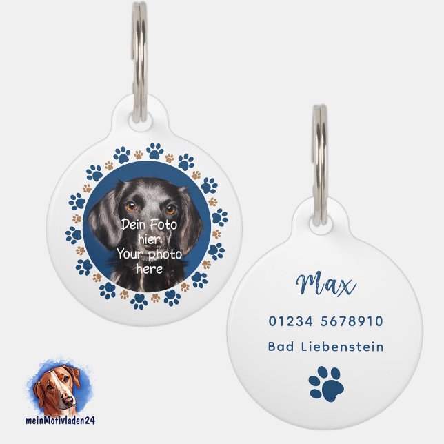 Placa Para Mascotas Foto deines Haustieres - Pfötchen blau braun |  (Personalisierbare Haustiermarke mit kleinen Pfötchen, mit Foto und Text personalisierbar)