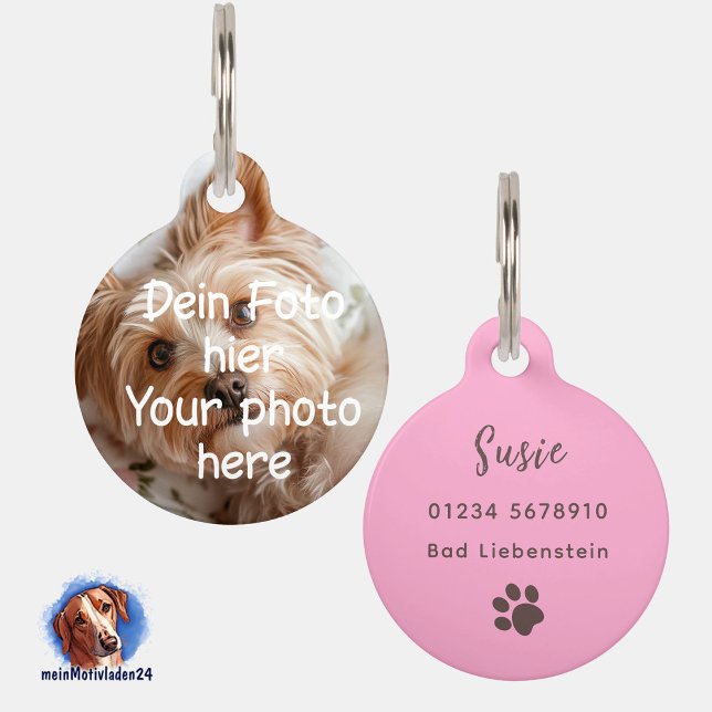 Placa Para Mascotas Foto deines Haustieres | rosa (Personalisierbare Haustiermarke mit Foto, Rückseite mit Text personalisierbar)