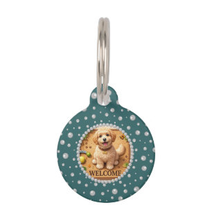 Placa Para Mascotas Foto personalizada con círculo de perlas sobre azu