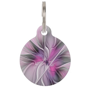 Placa Para Mascotas Fractal floral moderno abstracto flor rosa gris