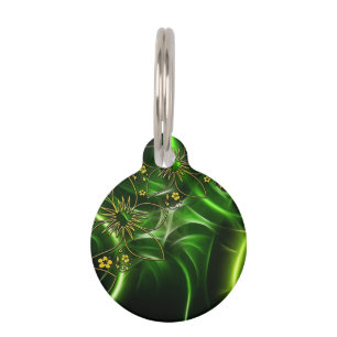 Placa Para Mascotas Fractal floral verde de neón