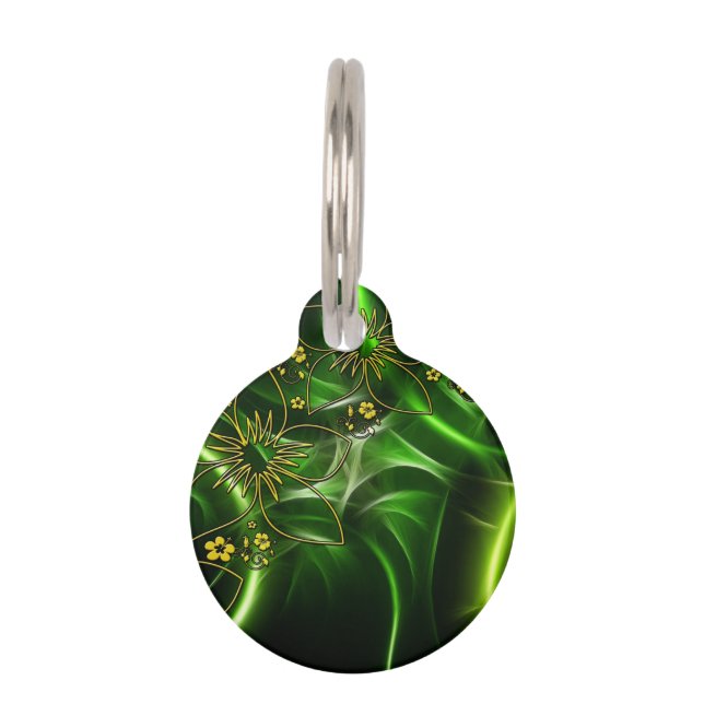 Placa Para Mascotas Fractal floral verde de neón (Anverso)