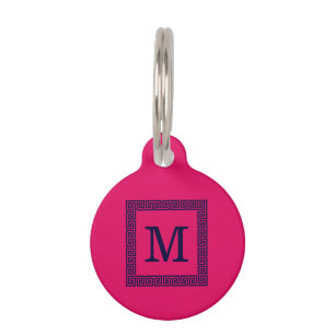 Placa Para Mascotas Frambuesa, llave griega azul de la marina #1 monog