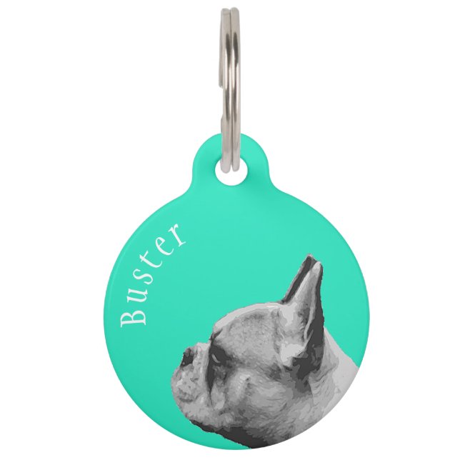Placa Para Mascotas Frenchie | Bulldog francés | Aqua personalizada (Anverso)