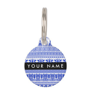 Placa Para Mascotas Fret griego, llave de meandro mixta, azul, tu nomb
