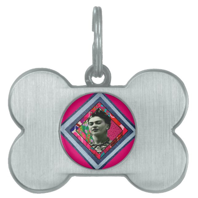 Placa Para Mascotas Frida Kahlo Retro Denim Diamond (Frente)