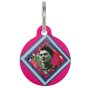 Placa Para Mascotas Frida Kahlo Retro Denim Diamond