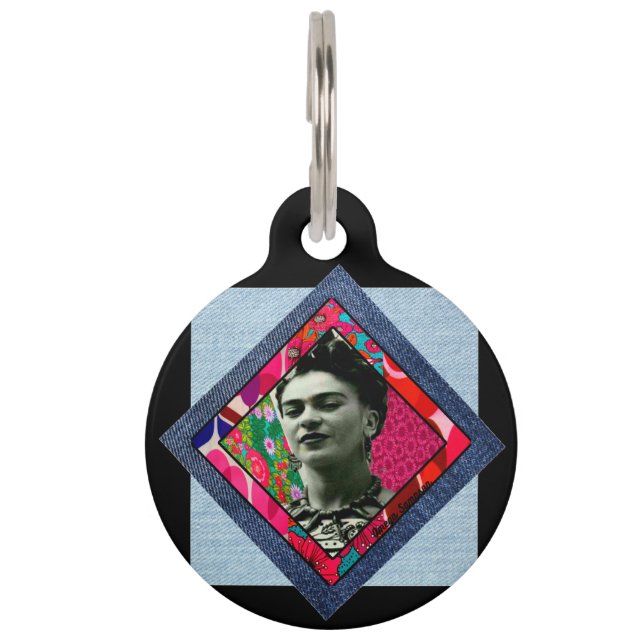 Placa Para Mascotas Frida Kahlo Retro Pink Denim (Anverso)