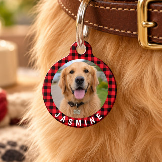 Placa Para Mascotas Funda Roja Negra Búfalo Cuadrada Foto Personalizad