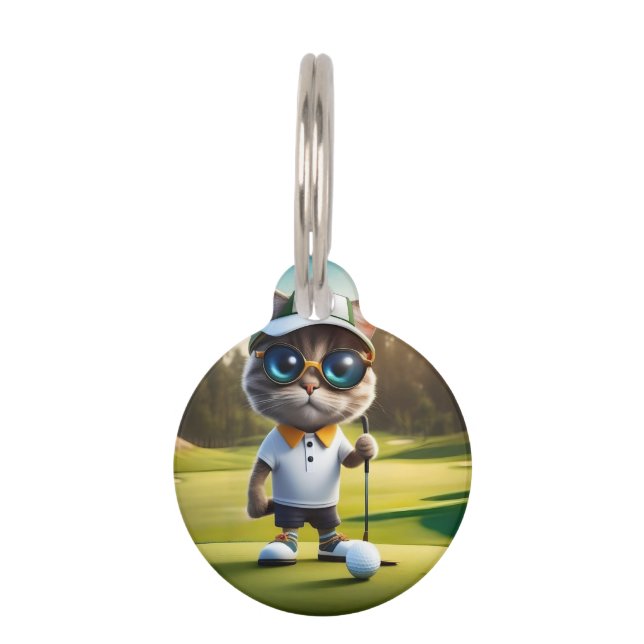 Placa Para Mascotas Funny Cat Golf Player, (Anverso)