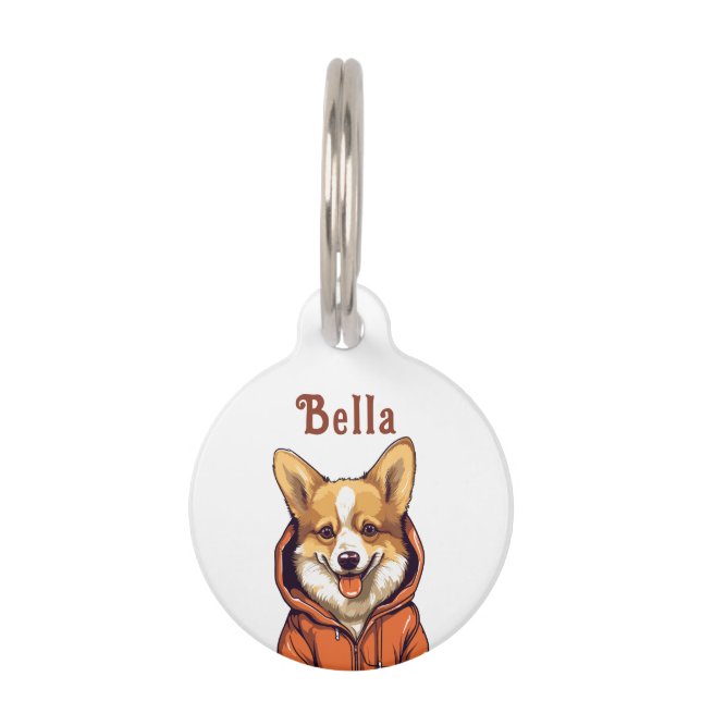 Placa Para Mascotas Funny Corgi Usando Hoodie (Anverso)