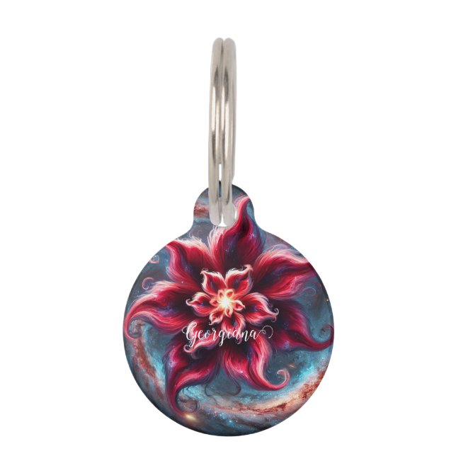 Placa Para Mascotas Galaxia de Poinsettia floral festiva personalizada (Anverso)