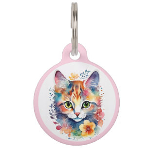 Placa Para Mascotas Gatito floral de color rosa claro