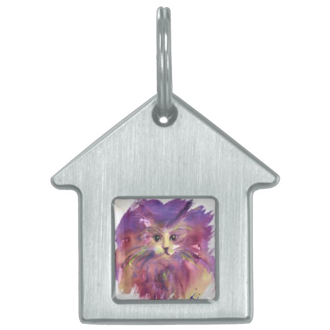 PLACA PARA MASCOTAS GATITO MORADO, RETRATO DE GATO (Frente)