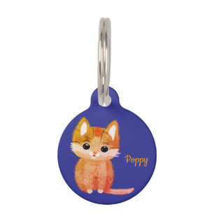 Placa Para Mascotas Gatito Naranja Acuarela Lindo Personalizado Azul