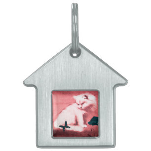 Placa Para Mascotas GATO BLANCO CON BUTTERFLY NEGRO, rosa