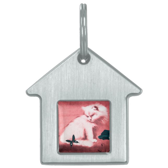 Placa Para Mascotas GATO BLANCO CON BUTTERFLY NEGRO, rosa (Frente)