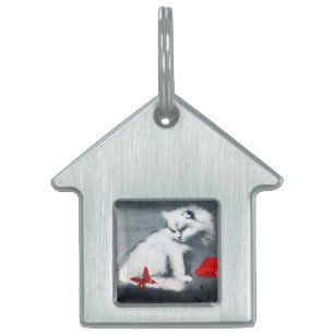 PLACA PARA MASCOTAS GATO BLANCO CON MARIPOSA ROJA