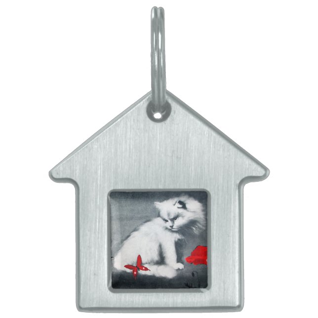 PLACA PARA MASCOTAS GATO BLANCO CON MARIPOSA ROJA (Frente)