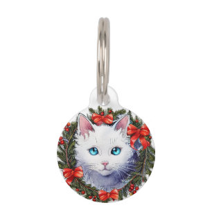 Placa Para Mascotas Gato blanco en Navidades con pintura de color de a