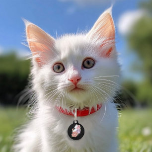 Placa Para Mascotas Gato Blanco Floral Pastel Negro Botánico Romántico
