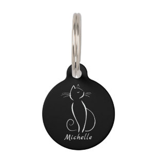 Placa Para Mascotas Gato blanco minimalista en negro Añadir nombre