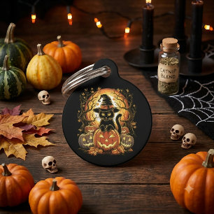 Placa Para Mascotas Gato brujo calabaza gato negro Halloween espeluzna
