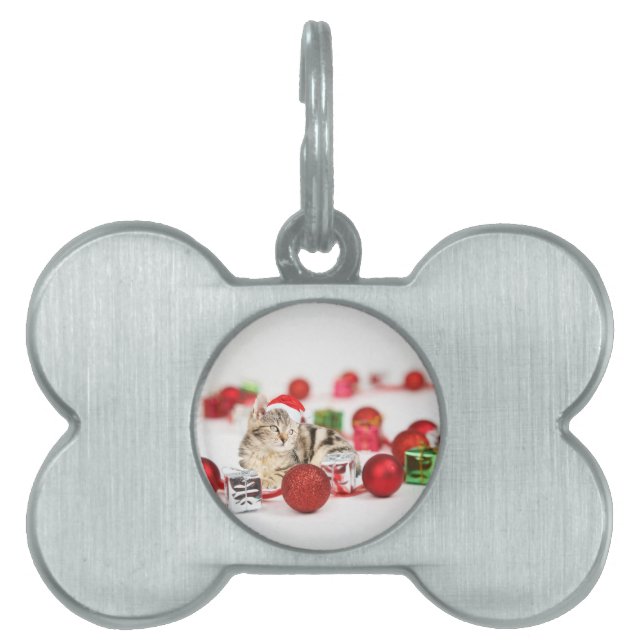 Placa Para Mascotas Gato con sombrero rojo de Papá Noel Ornamento de N (Frente)