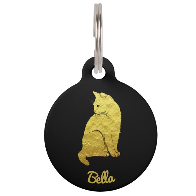 Placa Para Mascotas Gato de oro personalizado en negro (Anverso)
