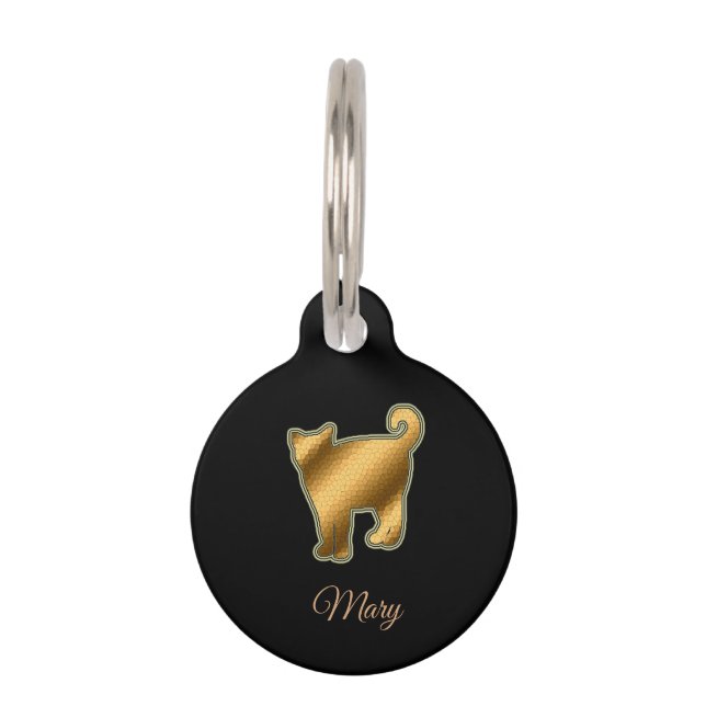 Placa Para Mascotas Gato Dorado Negro Moderno (Anverso)