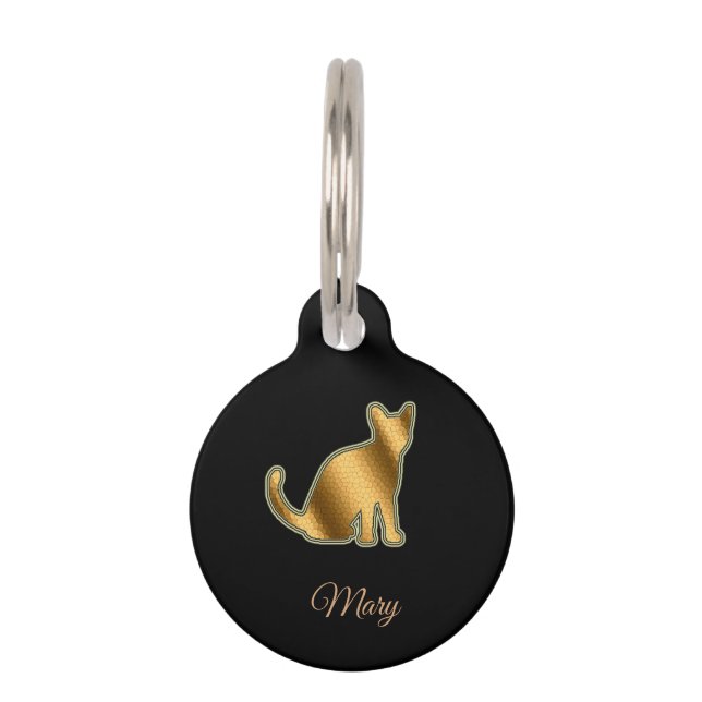 Placa Para Mascotas Gato Dorado Negro Moderno (Anverso)