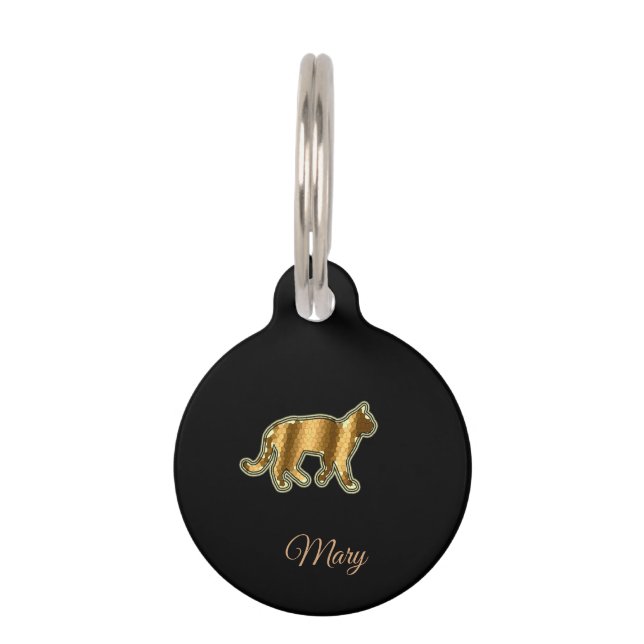 Placa Para Mascotas Gato Dorado Negro Moderno (Anverso)