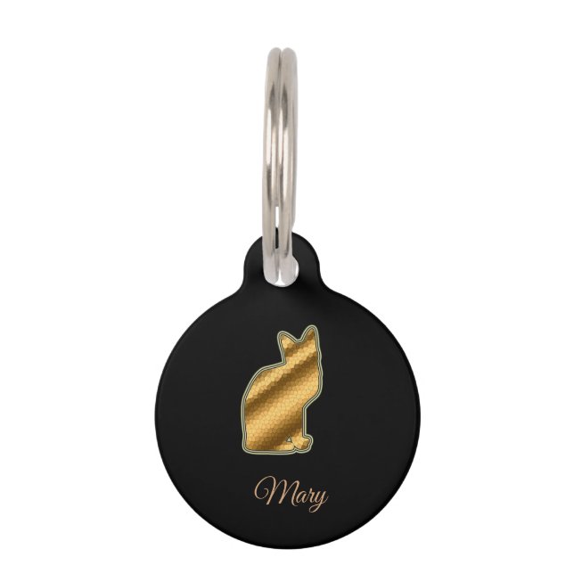 Placa Para Mascotas Gato Dorado Negro Moderno (Anverso)