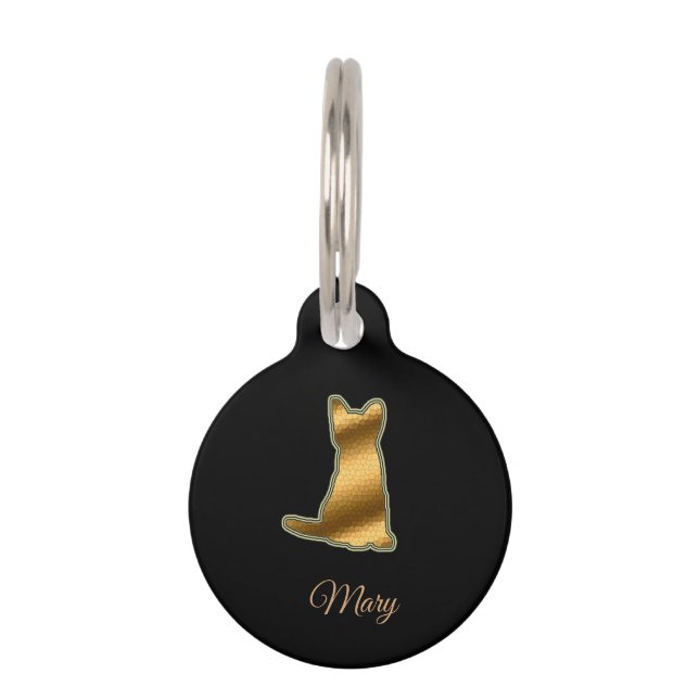 Placa Para Mascotas Gato Dorado Negro Moderno (Anverso)