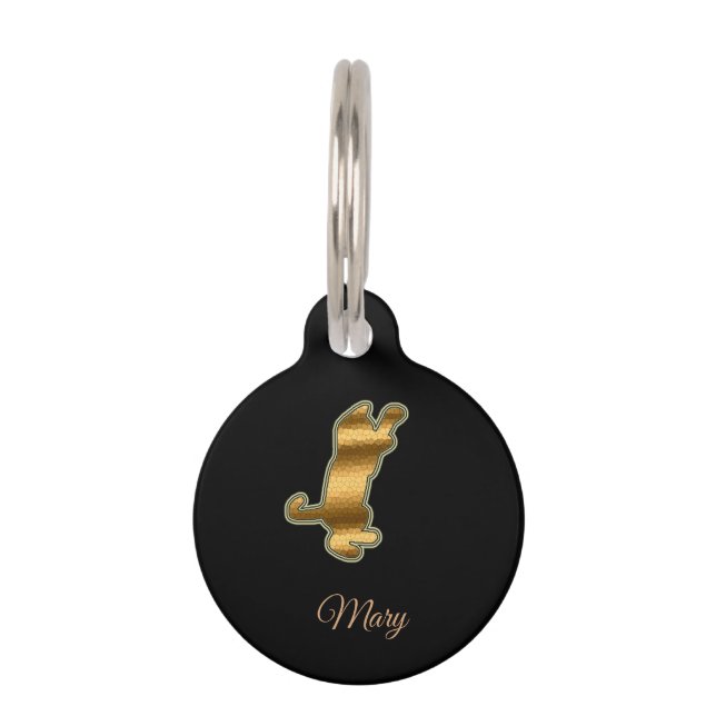 Placa Para Mascotas Gato Dorado Negro Moderno (Anverso)