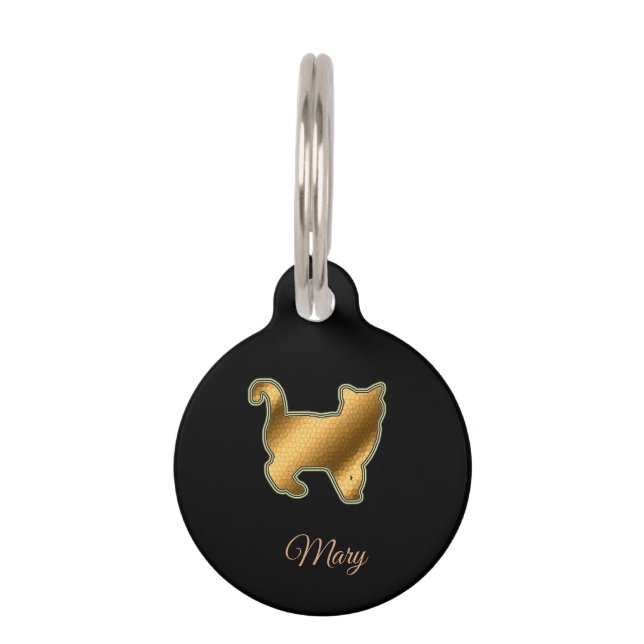 Placa Para Mascotas Gato Dorado Negro Moderno (Anverso)