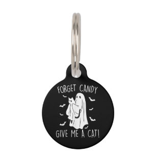 Placa Para Mascotas Gato fantasma divertido de Halloween Olvida dulces