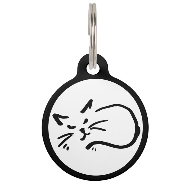 Placa Para Mascotas Gato feliz durmiendo arte blanco y negro (Anverso)