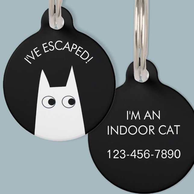 Placa Para Mascotas Gato interior escapado de gato blanco (Escaped Indoor Cat personalized phone number white cat pet tag)